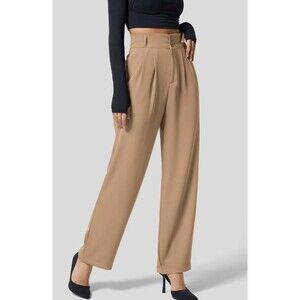 Halara High Waisted Shirred Straight Leg Work Pants Candied Ginger Brown S NEW